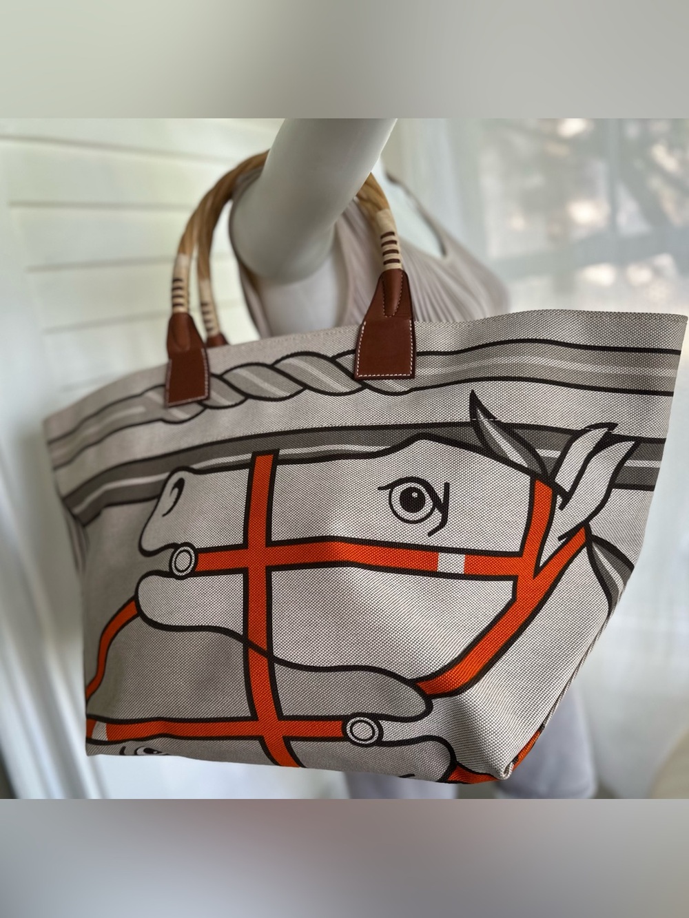 Hermes Large Sac Steeple Quadrige Tote/Beach/Shopping/Bag Toile w/wood handles
